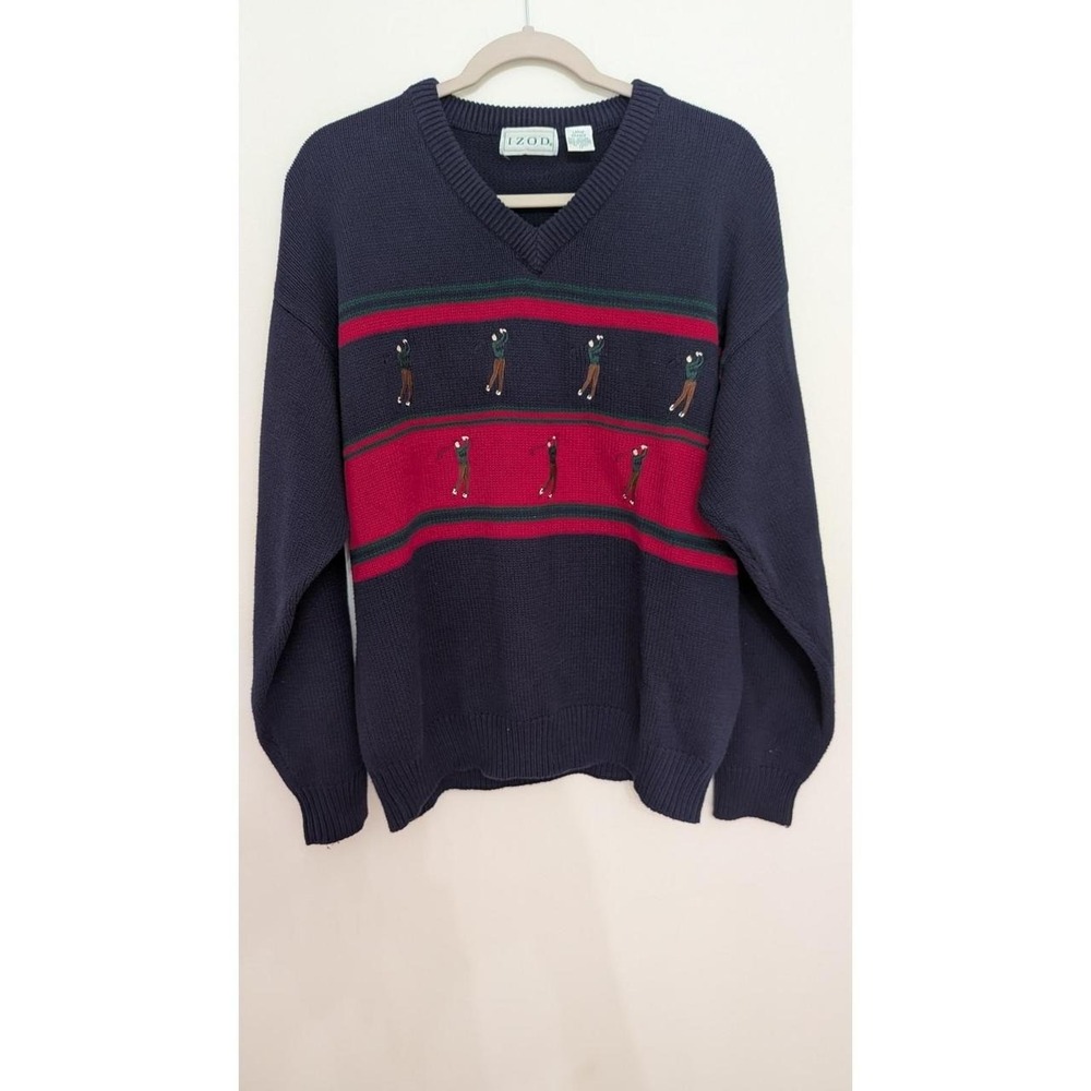 Vintage Izod Mens Large Blue Cotton V-Neck Golf Embroidered Sweater Grandpa